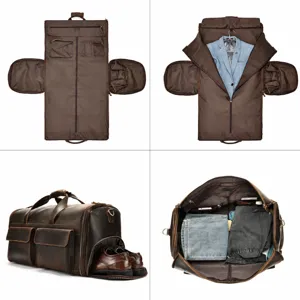Mens genuine leather travel duffel bag garment bag large capacity with shoe compartment