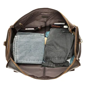 Men's genuine leather travel duffel bag, vintage weekender bag with large capacity for trips.