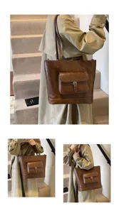 Borsa a tote vintage in pelle PU marrone da donna, borsa a spalla casual con tasca.