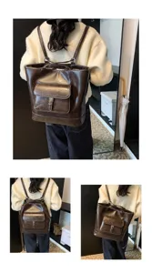 Zaino vintage in pelle PU marrone scuro da donna, borsa casual multifunzionale per studentesse.