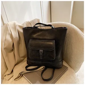 Zaino vintage in pelle PU grigio scuro da donna, borsa casual elegante per la scuola.