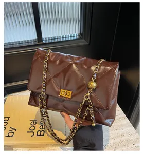 Stijlvolle Vintage Bruine Gewatteerde Ketting Schoudertas voor Vrouwen Handtas
