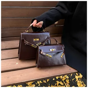 Ensemble de sacs à main style Kelly marron foncé vintage, sac bandoulière en cuir PU pour femmes.