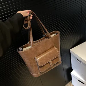 Borsa tote in pelle PU marrone da donna, borsa a tracolla casual stile vintage