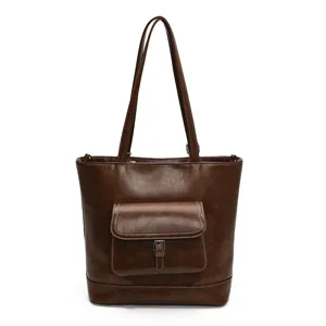 Borsa tote vintage in pelle PU marrone da donna, elegante borsa a spalla capiente