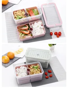 Detailansicht der tragbaren Bento-Lunchbox mit mehreren Fächern und Abtropfplatte