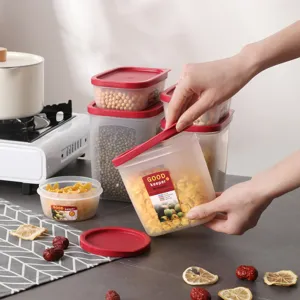 PP food-grade plastic kitchen storage container set with red lids for fridge food organization.