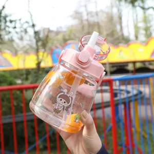Large Capacity Transparent Plastic Water Bottle Portable Cute Straw Cup With Handle Scale Daily Travel School Drinkware