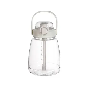 Transparent big belly water bottle with straw and portable handle for students and travel use.