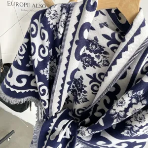 Blue and white jacquard cashmere-feel shawl with fringe, elegant vintage winter women cloak.
