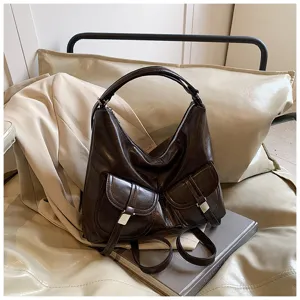 Vintage motorcycle style women backpack brown PU leather casual fashion commuting hobo bag