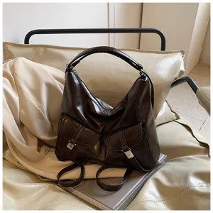 Vintage motorcycle style women backpack dark brown leather dual front pockets casual daily bag
