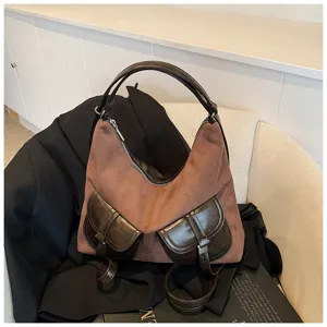 Retro motorcycle style women shoulder bag, vintage suede patchwork dual pocket casual commuter tote