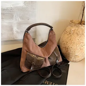 Vintage suede backpack detail shot, brown leather pocket design, chic commute casual bag display.