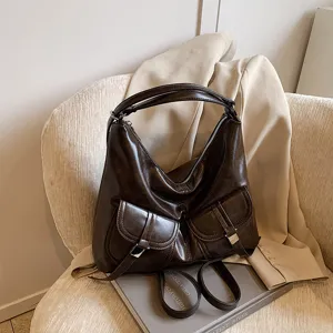 Vintage motorcycle style women backpack brown PU leather casual commuting large capacity bag