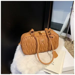 Retro brown pleated shoulder bag, casual chic pillow bag for women, large capacity.
