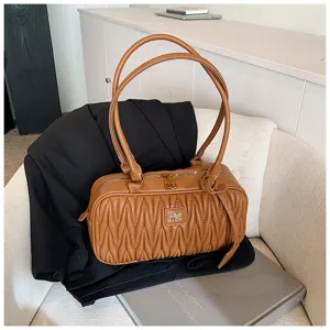 Vintage brown pleated shoulder bag casual hobo purse with dual top handles and zip closure.