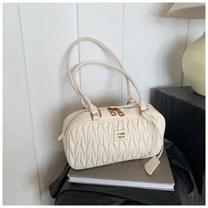 White pleated shoulder pillow bag for women, stylish casual underarm bag with double handles.