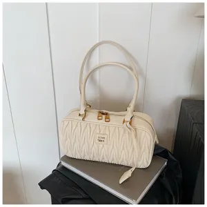 Retro quilted shoulder bag for women, chic PU leather fashion pillow boston bag, cream white.