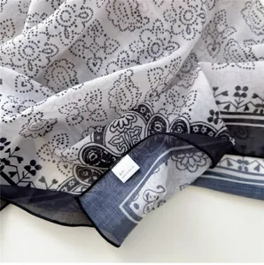 Detailed view of soft floral print square scarf, lightweight breathable fabric close up.