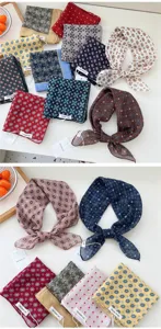 Cotton linen small square scarf stylish floral headband versatile neckerchief for women