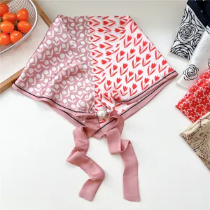 Stylish women silk scarf with pearl magnetic buckle, floral triangle headscarf for autumn.