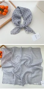 Grey polka dot cotton linen square scarf for women, stylish summer hair band and neck scarf.