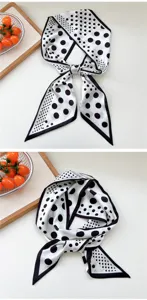 Pañuelo de seda largo de lunares blancos y negros, cinta elegante para camisa de mujer.