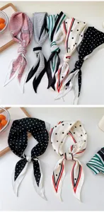 Stylish polka dot and striped diamond silk scarf, versatile hair ribbon for women daily wear.