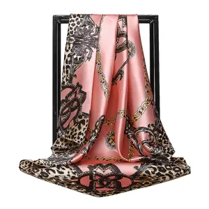 Pink leopard and chain print square silk scarf for women, elegant 90x90cm fashion accessory.