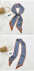 Foulard skinny bleu à chevrons chic pour femmes, long ruban twilly élégant pour coiffure.