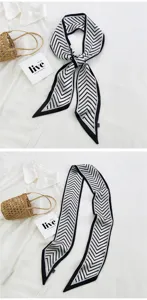 Foulard skinny rayé noir et blanc, ruban élégant pour cheveux, cou et beau sac à main.