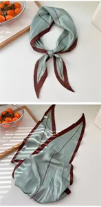 Green brown border silk narrow scarf twilly hair band elegant neckerchief versatile accessory