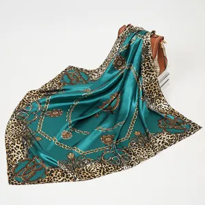 Women's 90cm leopard and baroque chain print satin square scarf, luxurious vintage style.