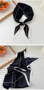 Silk scarf women black white grid neckerchief hair band ribbon chic elegant accessory detail