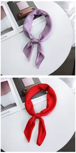 Solid color small square silk scarf for women, versatile spring summer fashion neckerchief detail.
