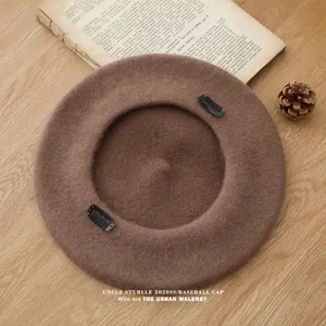 Boina clásica de lana marrón para mujer, sombrero de pintor retro de otoño e invierno.