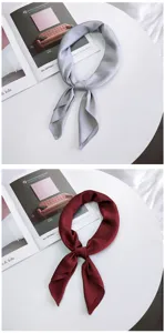 Silk square scarf styling detail showing elegant solid color neckerchief in grey and burgundy.