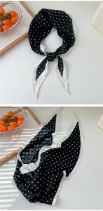 Black and white polka dot diamond silk scarf, exquisite details, versatile accessory.