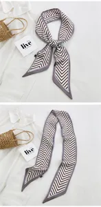 Écharpe twilly étroite chic à chevron pour femmes, ruban de cheveux et poignée de sac.