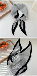 Classic black and white polka dot diamond silk scarf, versatile hair band and neck accessory.