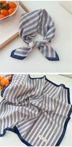 Cotton linen small square scarf detail, blue brown stripes retro neckerchief for spring summer.