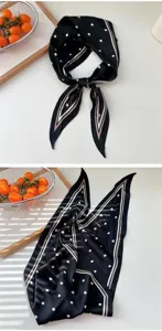 Details of a chic black polka dot diamond silk scarf with elegant border stripes for stylish women.