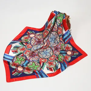 Elegant women's square silk scarf with vibrant designer inspired floral print, 90x90cm.