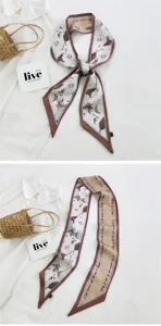 Foulard twilly en soie étroit motif floral bord marron ruban de cheveux élégant pour sac à main