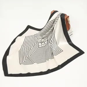 Black and white geometric print silk square scarf, elegant 90cm large women scarf.