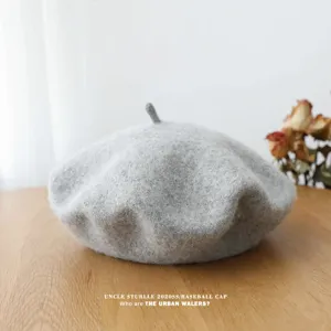 Boina de lana gris para mujer, estilo vintage retro japonés, gorro elegante para otoño.