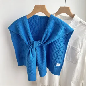 Blue knitted shoulder wrap scarf fake collar, solid color cozy winter neck warmer accessory.