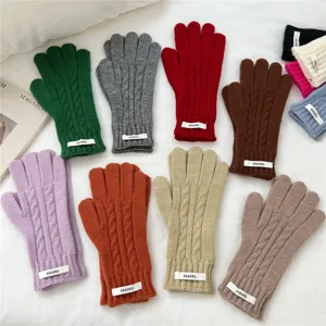 Women winter cute warm knit gloves, colorful striped wool touch screen separate finger.