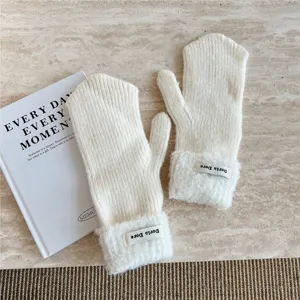 Manoplas de invierno para mujer de color liso acogedoras con puños de felpa guantes de punto
